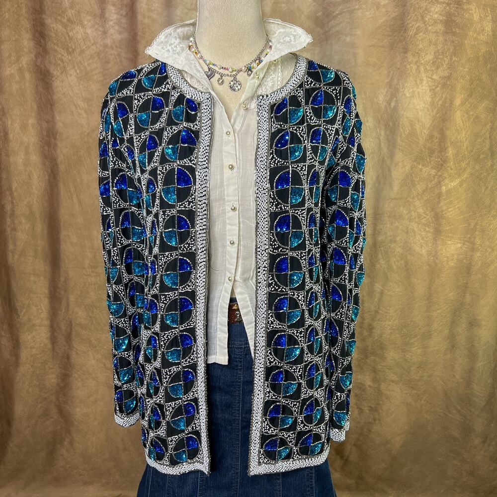 Vintage Beaded Jacket 80s Silk Multicolor Geometric Blue Art Deco Formal Couture
